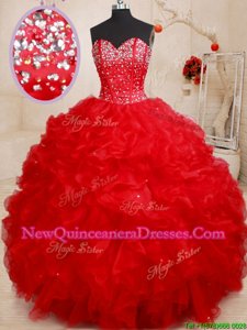 Red Ball Gowns Sweetheart Sleeveless Organza Floor Length Lace Up Beading and Ruffles Vestidos de Quinceanera