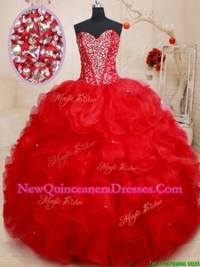 Modern Red Ball Gowns Sweetheart Sleeveless Organza Floor Length Lace Up Beading and Ruffles Quinceanera Dress