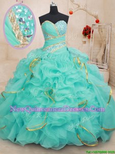 Sweetheart Sleeveless Quinceanera Gowns Floor Length Beading and Ruffles and Sequins Apple Green Organza