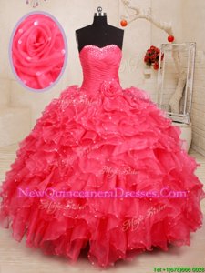 Delicate Coral Red Ball Gowns Sweetheart Sleeveless Organza Floor Length Lace Up Beading and Ruffles and Sequins and Hand Made Flower Sweet 16 Dresses