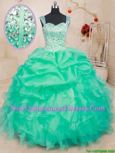 Sophisticated Organza Straps Sleeveless Lace Up Beading and Ruffles and Pick Ups Quinceanera Gowns inTurquoise