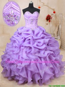 Captivating Lavender Lace Up Quinceanera Dresses Beading and Ruffles and Pick Ups Sleeveless Floor Length