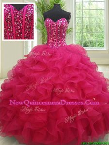 Noble Floor Length Fuchsia Sweet 16 Dress Organza Sleeveless Spring and Summer and Fall and Winter Beading and Ruffles