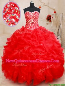 Dazzling Sweetheart Sleeveless Lace Up Quinceanera Dress Red Organza