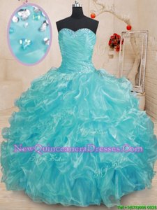 Vintage Aqua Blue Organza Lace Up Sweet 16 Quinceanera Dress Sleeveless Floor Length Beading and Ruffles