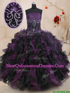 Customized Black And Purple Ball Gowns Organza Strapless Sleeveless Beading and Ruffles Floor Length Lace Up Quinceanera Gown