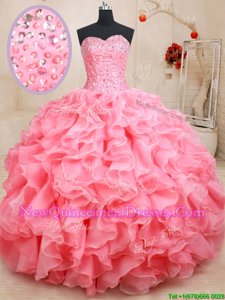 Best Organza Sweetheart Sleeveless Lace Up Beading and Ruffles Quince Ball Gowns inWatermelon Red