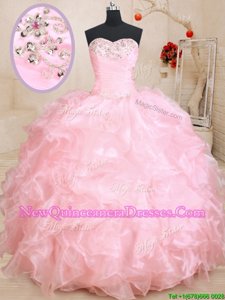 Custom Design Baby Pink Quince Ball Gowns Military Ball and Sweet 16 and Quinceanera and For withBeading and Ruffles Sweetheart Sleeveless Lace Up