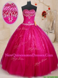 Floor Length Fuchsia Vestidos de Quinceanera Tulle Sleeveless Spring and Summer and Fall and Winter Beading and Sequins