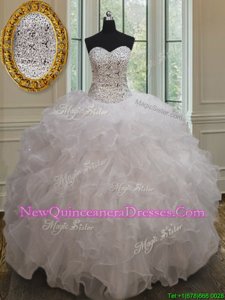 Fine White Sleeveless Organza Lace Up Sweet 16 Dress for Military Ball and Sweet 16 and Quinceanera