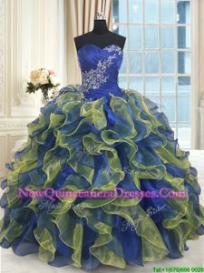 Exceptional Organza Sweetheart Sleeveless Lace Up Beading and Ruffles 15th Birthday Dress inBlue and Yellow