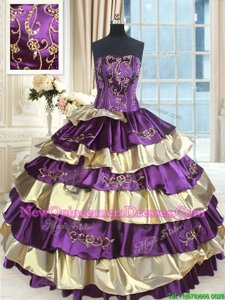 Hot Selling Purple and Gold Lace Up Quinceanera Gown Beading and Ruffled Layers Sleeveless Floor Length