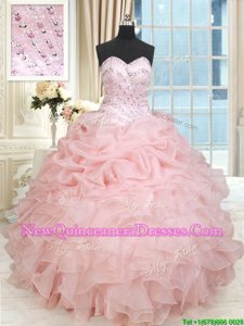 Amazing Baby Pink Sleeveless Floor Length Beading and Ruffles and Pick Ups Lace Up 15 Quinceanera Dress