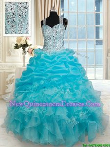 Glamorous Aqua Blue Zipper Straps Beading and Ruffles and Pick Ups Quinceanera Gowns Organza Sleeveless