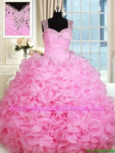 Ideal Rose Pink Ball Gowns Straps Sleeveless Organza Floor Length Zipper Beading and Ruffles Quinceanera Dresses