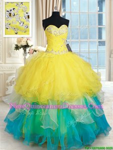 Yellow Ball Gowns Organza Sweetheart Sleeveless Beading and Ruffles Floor Length Lace Up Ball Gown Prom Dress