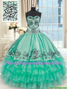 Organza and Taffeta Sweetheart Sleeveless Lace Up Embroidery and Ruffled Layers 15 Quinceanera Dress inTurquoise