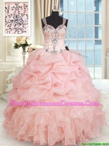 Baby Pink Ball Gown Prom Dress Military Ball and Sweet 16 and Quinceanera and For withBeading and Ruffles and Pick Ups Straps Sleeveless Zipper