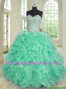 Classical Floor Length Lace Up Quinceanera Gown Turquoise and In for Military Ball and Sweet 16 and Quinceanera withBeading and Ruffles