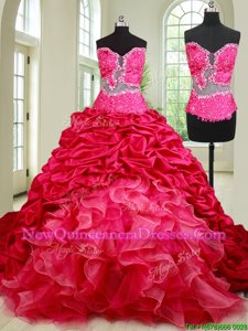 Sexy Sleeveless Court Train Beading and Ruffles and Pick Ups Lace Up Ball Gown Prom Dress