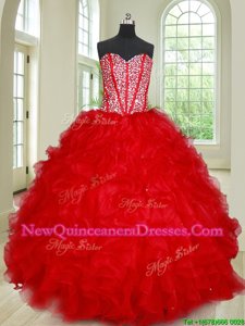 Trendy Sleeveless Organza Floor Length Lace Up 15 Quinceanera Dress inRed withBeading and Ruffles