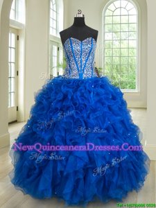 High End Royal Blue Ball Gowns Organza Sweetheart Sleeveless Beading and Ruffles Floor Length Lace Up Sweet 16 Dress