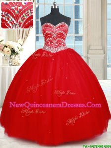 Ideal Red Ball Gowns Sweetheart Sleeveless Tulle Floor Length Lace Up Beading 15th Birthday Dress