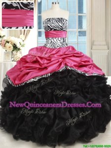 Fine Black and Hot Pink Sleeveless Beading and Ruffles Floor Length Quince Ball Gowns