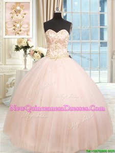 Dazzling Floor Length Ball Gowns Sleeveless Baby Pink Quinceanera Dresses Lace Up