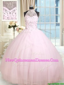 Nice Halter Top Floor Length Lace Up Quince Ball Gowns Baby Pink and In for Military Ball and Sweet 16 and Quinceanera withBeading