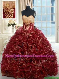 Great Burgundy Sleeveless Brush Train Beading and Ruffles Ball Gown Prom Dress