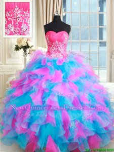 Sleeveless Organza Floor Length Zipper Quince Ball Gowns inMulti-color withBeading and Ruffles