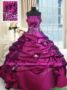 Customized Taffeta Strapless Sleeveless Brush Train Lace Up Beading and Sequins Sweet 16 Dresses inPurple