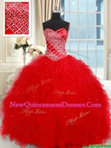 Glorious Red Lace Up Sweet 16 Quinceanera Dress Beading and Ruffled Layers Sleeveless Floor Length