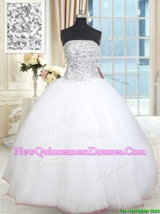 Nice Sequins Ball Gowns Quinceanera Gown White Strapless Tulle Sleeveless Floor Length Lace Up