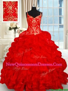 Charming Sleeveless Organza Brush Train Lace Up Sweet 16 Dresses inRed withBeading and Ruffles and Pick Ups