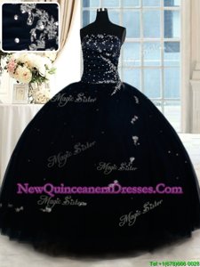 Elegant Strapless Sleeveless Lace Up Ball Gown Prom Dress Navy Blue Tulle