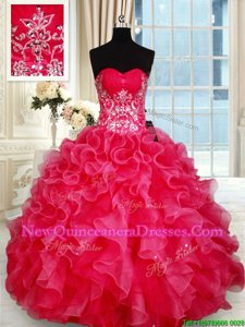 Elegant Red Ball Gowns Organza Sweetheart Sleeveless Beading and Ruffles Floor Length Lace Up 15 Quinceanera Dress