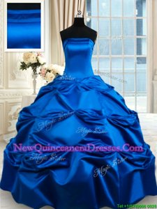 Ideal Royal Blue Ball Gowns Taffeta Strapless Sleeveless Pick Ups Floor Length Lace Up Sweet 16 Dresses