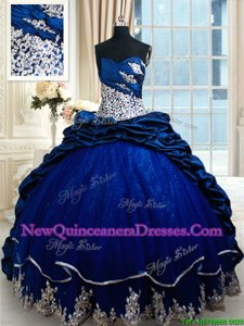 Glittering Taffeta Sweetheart Sleeveless Court Train Lace Up Appliques and Pick Ups Quinceanera Dress inRoyal Blue