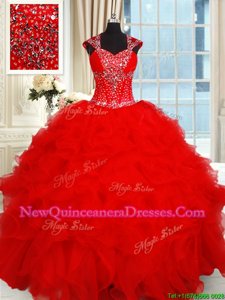 Captivating Red Sweetheart Neckline Beading and Ruffles Ball Gown Prom Dress Cap Sleeves Backless