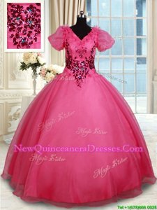 New Arrival Coral Red Short Sleeves Beading Floor Length Sweet 16 Dress