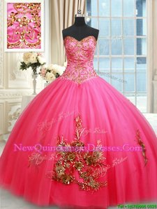 Most Popular Floor Length Ball Gowns Sleeveless Hot Pink Sweet 16 Dresses Lace Up