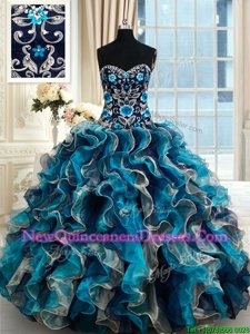 Sweet Lace Up Sweet 16 Quinceanera Dress Multi-color and In for Military Ball and Sweet 16 and Quinceanera withBeading and Embroidery and Ruffles Brush Train