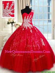 Fantastic One Shoulder Sleeveless Floor Length Beading and Appliques Lace Up 15 Quinceanera Dress with Red