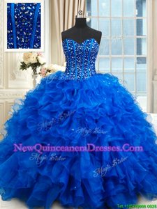Customized Royal Blue Sleeveless Beading and Ruffles Floor Length Quinceanera Gown