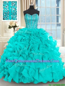 Lovely Brush Train Ball Gowns Quinceanera Dress Aqua Blue Sweetheart Organza Sleeveless With Train Lace Up