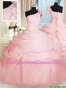 One Shoulder Pink Organza Lace Up Quinceanera Gown Sleeveless Floor Length Beading and Hand Made Flower