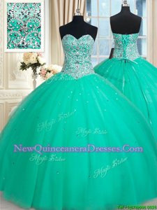 Most Popular Ball Gowns Quinceanera Dresses Turquoise Sweetheart Tulle Sleeveless Floor Length Lace Up