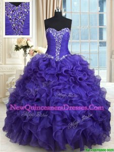 Great Purple Sweetheart Neckline Beading and Ruffles Quinceanera Gowns Sleeveless Lace Up